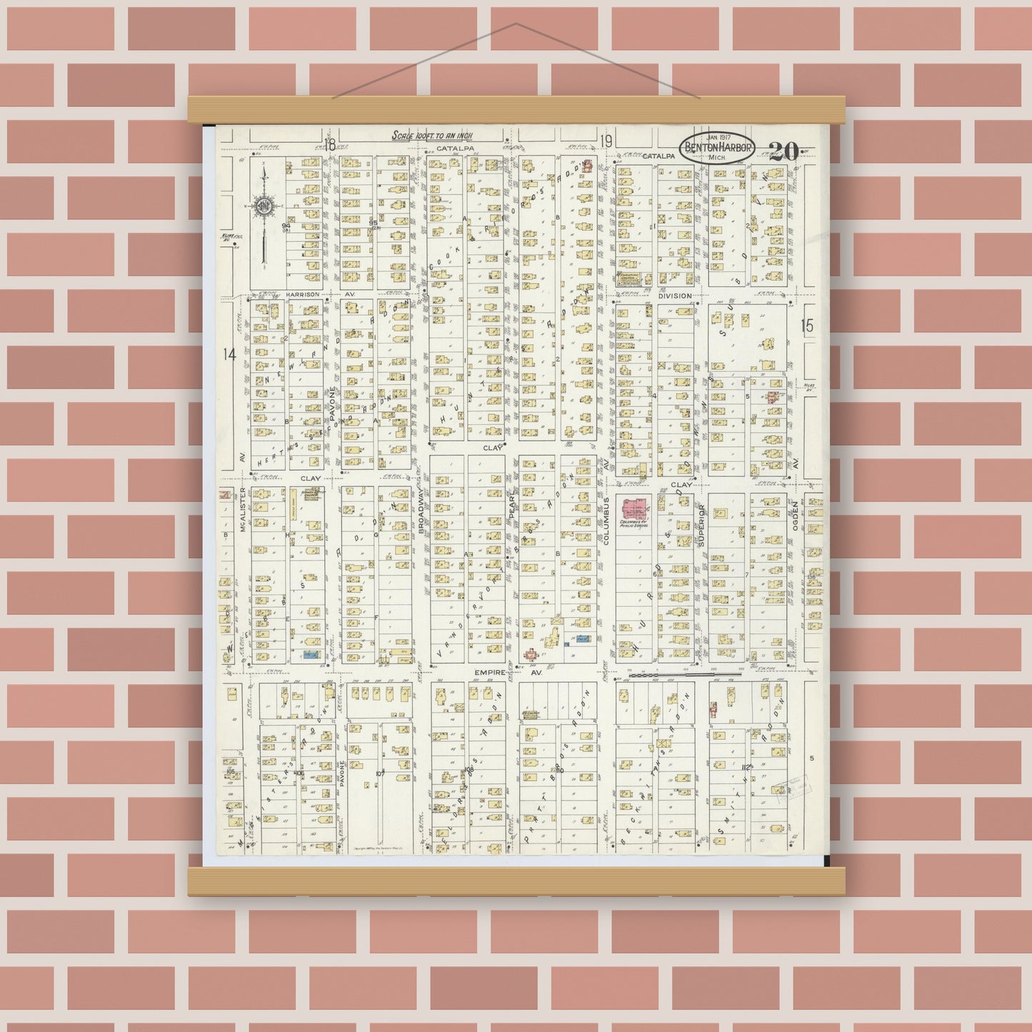 Old map wall art mockup — magnetic wood frame on brick wall — Sanborn Fire Insurance Map from Benton Harbor, Berrien County, Michigan (1917), Sheet #0020
