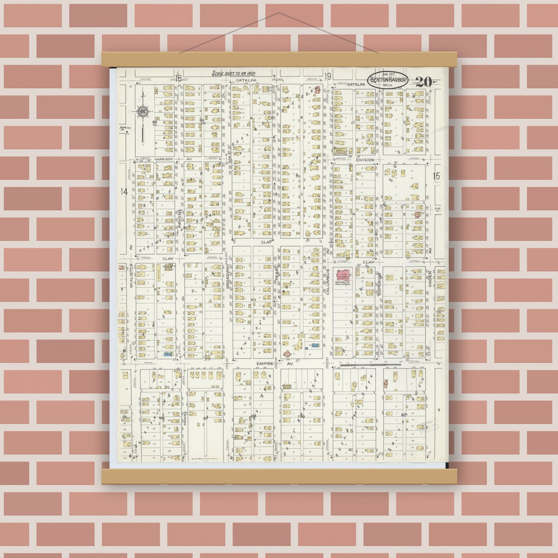 Old map wall art mockup — magnetic wood frame on brick wall — Sanborn Fire Insurance Map from Benton Harbor, Berrien County, Michigan (1917), Sheet #0020