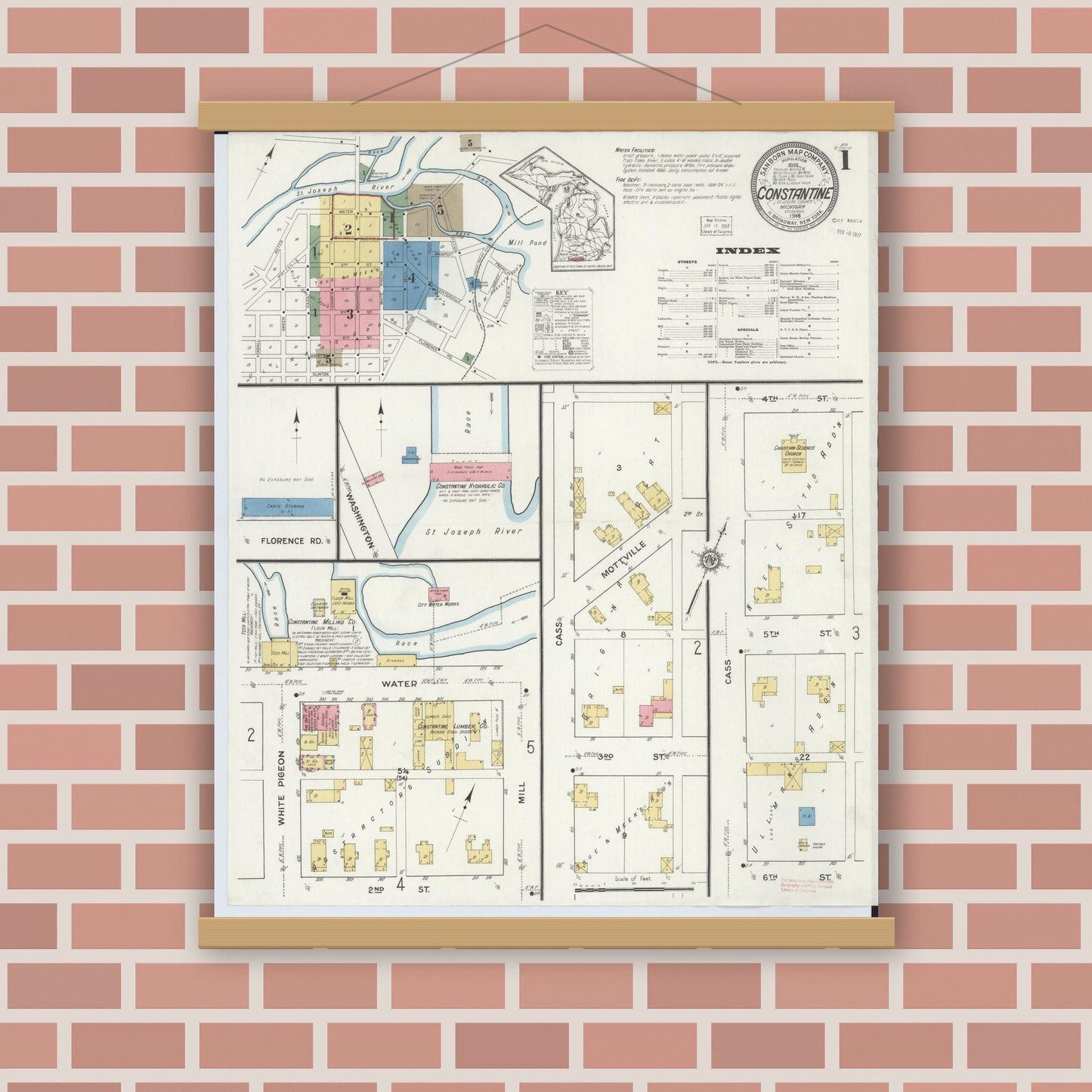 Old map wall art mockup — magnetic wood frame on brick wall — Sanborn Fire Insurance Map from Constantine, Saint Joseph County, Michigan (1916) - Complete Map Set