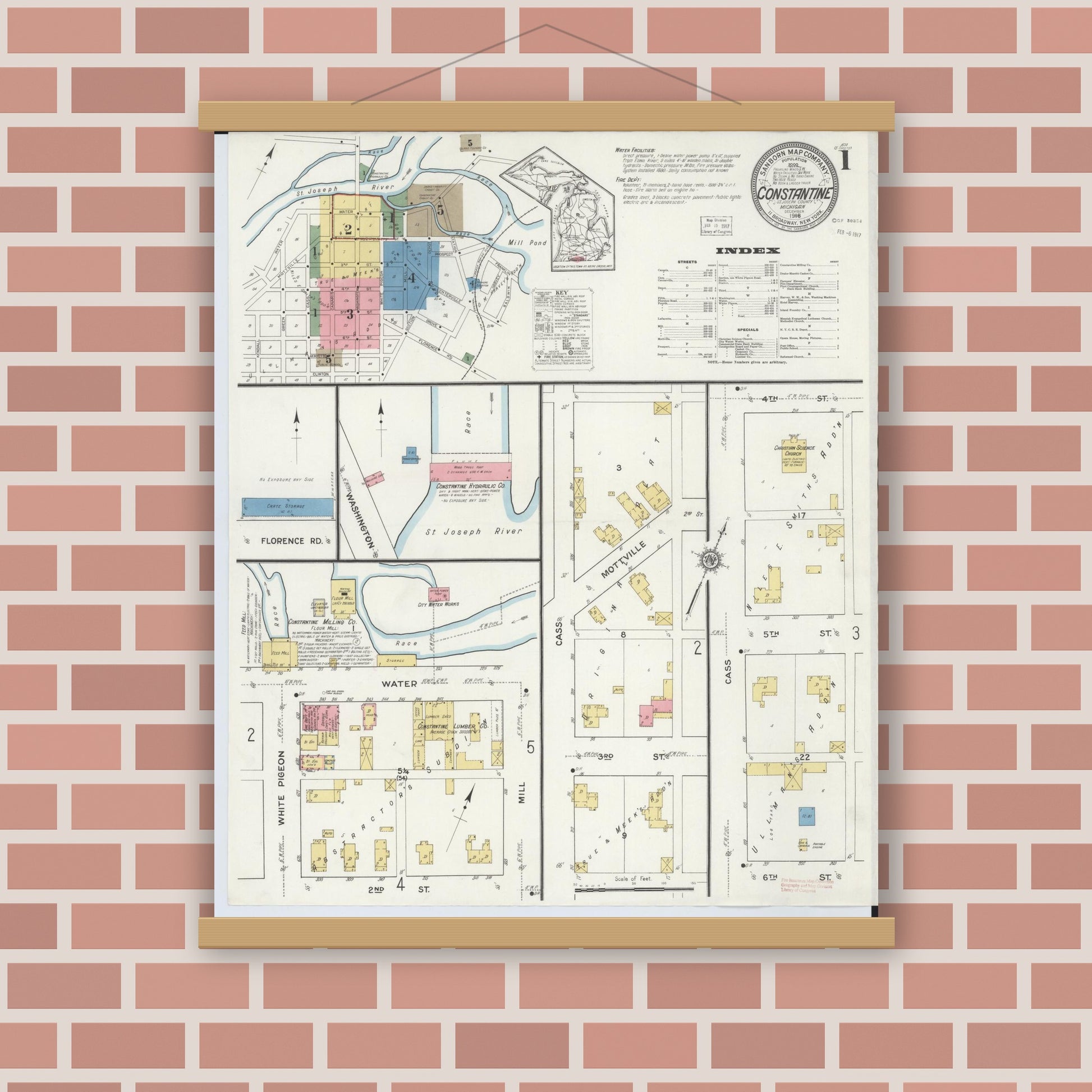 Old map wall art mockup — magnetic wood frame on brick wall — Sanborn Fire Insurance Map from Constantine, Saint Joseph County, Michigan (1916) - Complete Map Set
