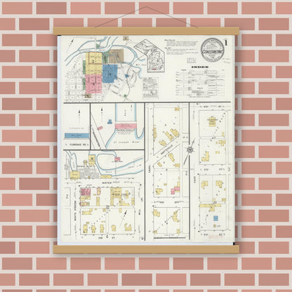 Old map wall art mockup — magnetic wood frame on brick wall — Sanborn Fire Insurance Map from Constantine, Saint Joseph County, Michigan (1916) - Complete Map Set