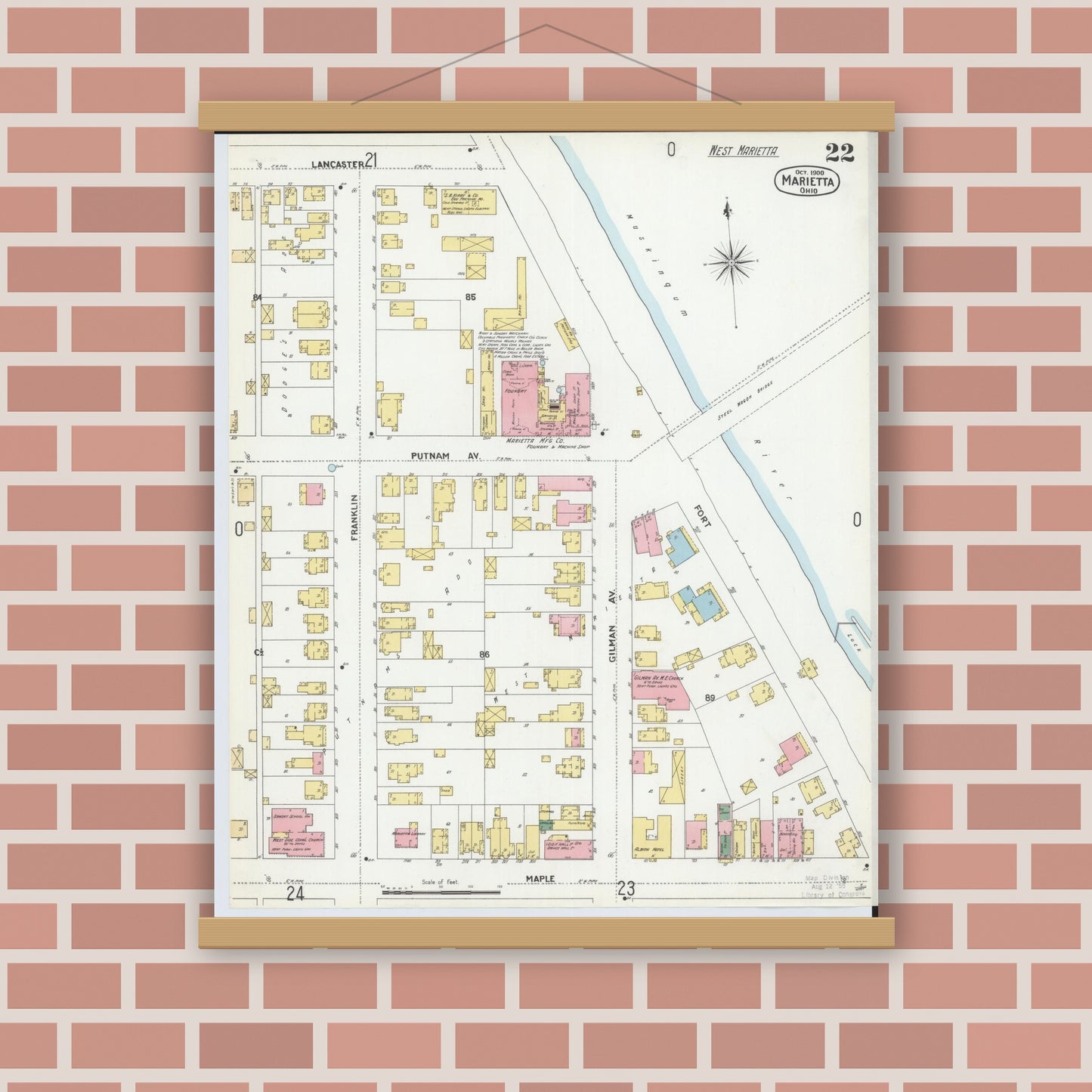 Old map wall art mockup — magnetic wood frame on brick wall — Sanborn Fire Insurance Map from Marietta, Washington County, Ohio (1900), Sheet #0022