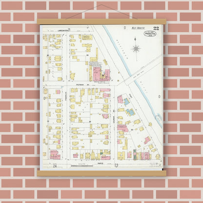 Old map wall art mockup — magnetic wood frame on brick wall — Sanborn Fire Insurance Map from Marietta, Washington County, Ohio (1900), Sheet #0022