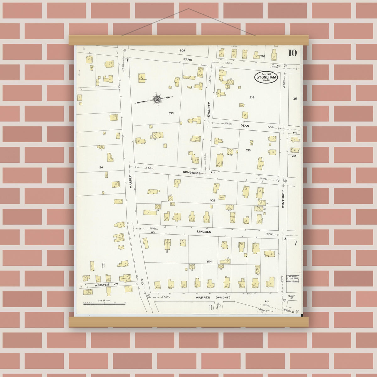 Old map wall art mockup — magnetic wood frame on brick wall — Sanborn Fire Insurance Map from Stoneham, Middlesex County, Massachusetts (1909), Sheet #0010