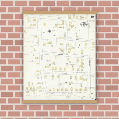 Old map wall art mockup — magnetic wood frame on brick wall — Sanborn Fire Insurance Map from Stoneham, Middlesex County, Massachusetts (1909), Sheet #0010
