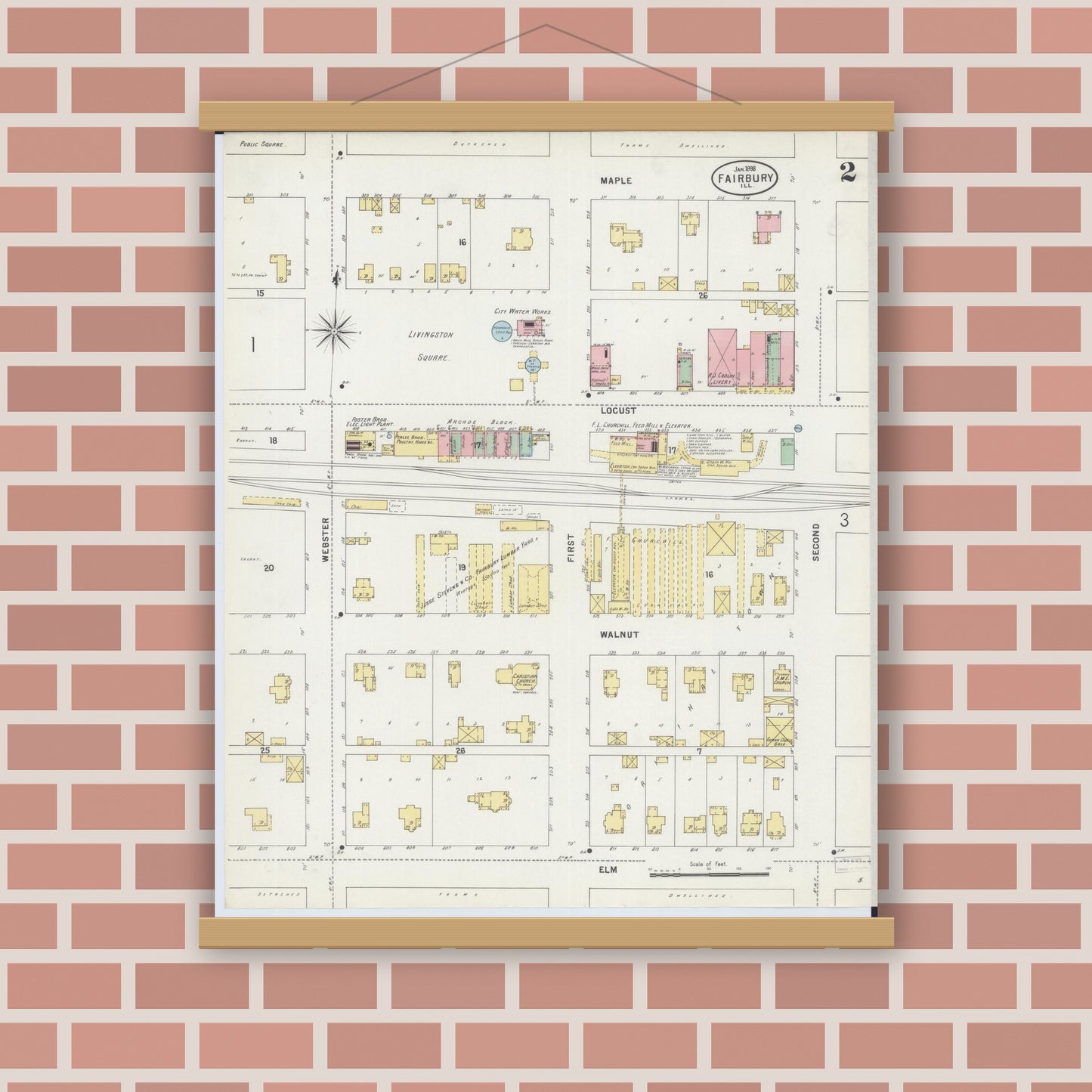 Old map wall art mockup — magnetic wood frame on brick wall — Sanborn Fire Insurance Map from Fairbury, Livingston County, Illinois (1898), Sheet #0002