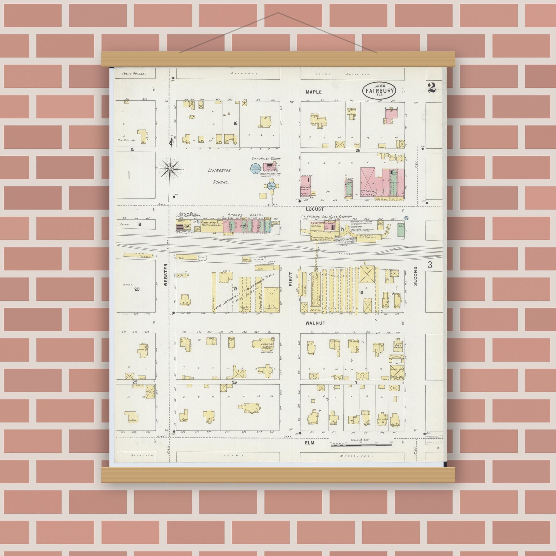 Old map wall art mockup — magnetic wood frame on brick wall — Sanborn Fire Insurance Map from Fairbury, Livingston County, Illinois (1898), Sheet #0002