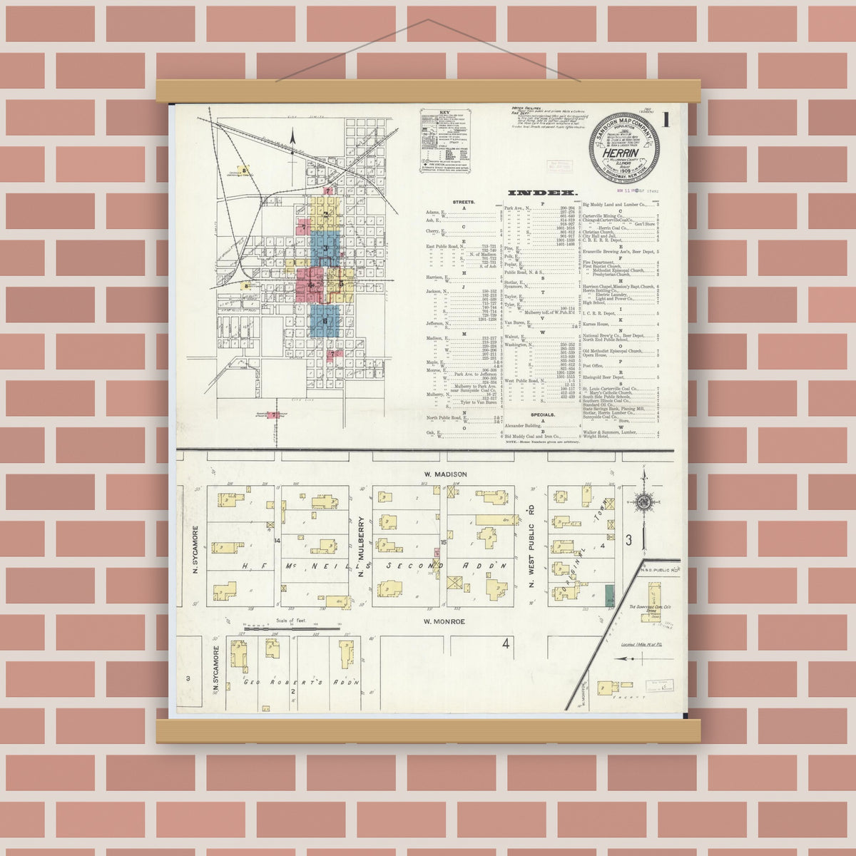 Old map wall art mockup — magnetic wood frame on brick wall — Sanborn Fire Insurance Map from Herrin, Williamson County, Illinois (1909), Sheet #0001