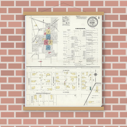 Old map wall art mockup — magnetic wood frame on brick wall — Sanborn Fire Insurance Map from Herrin, Williamson County, Illinois (1909), Sheet #0001