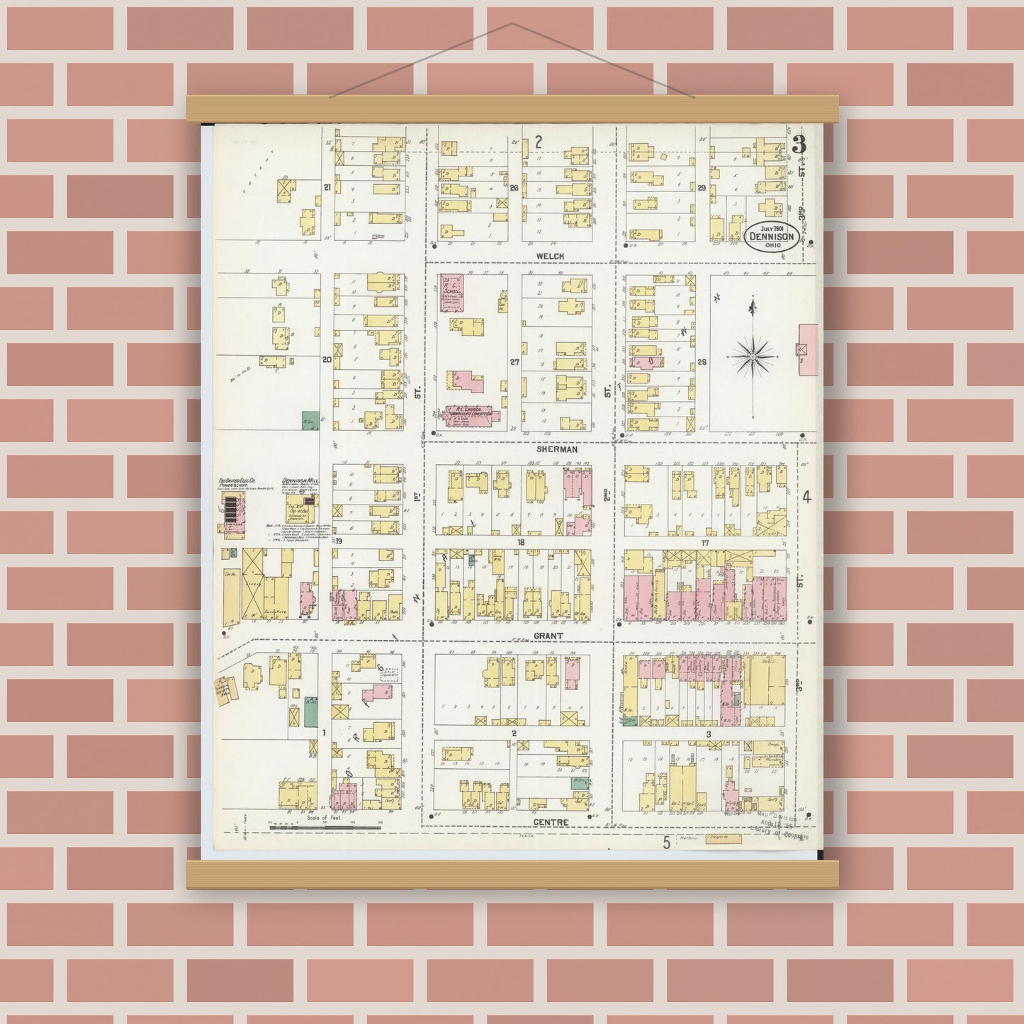 Old map wall art mockup — magnetic wood frame on brick wall — Sanborn Fire Insurance Map from Dennison, Tuscarawas County, Ohio (1901), Sheet #0003