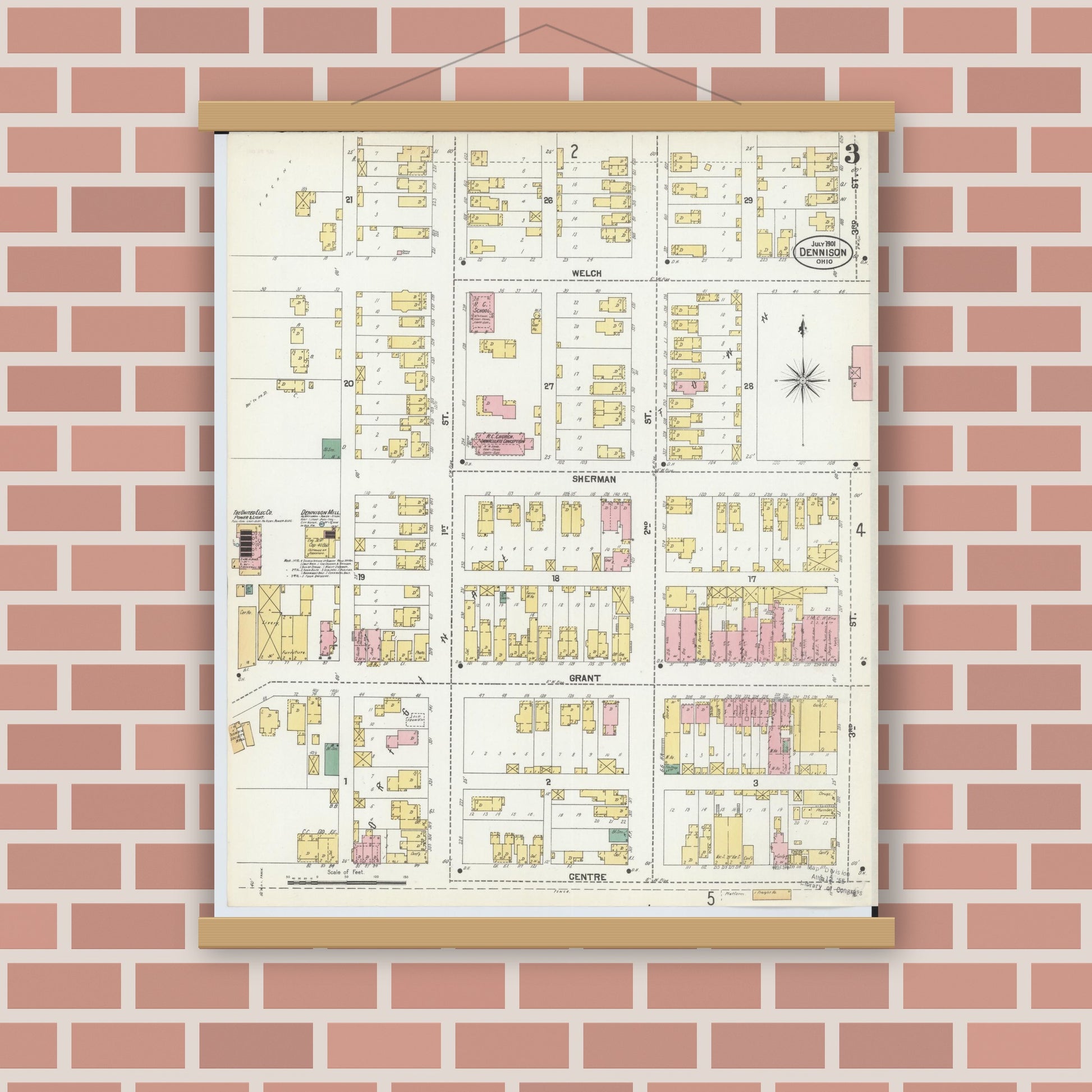 Old map wall art mockup — magnetic wood frame on brick wall — Sanborn Fire Insurance Map from Dennison, Tuscarawas County, Ohio (1901), Sheet #0003