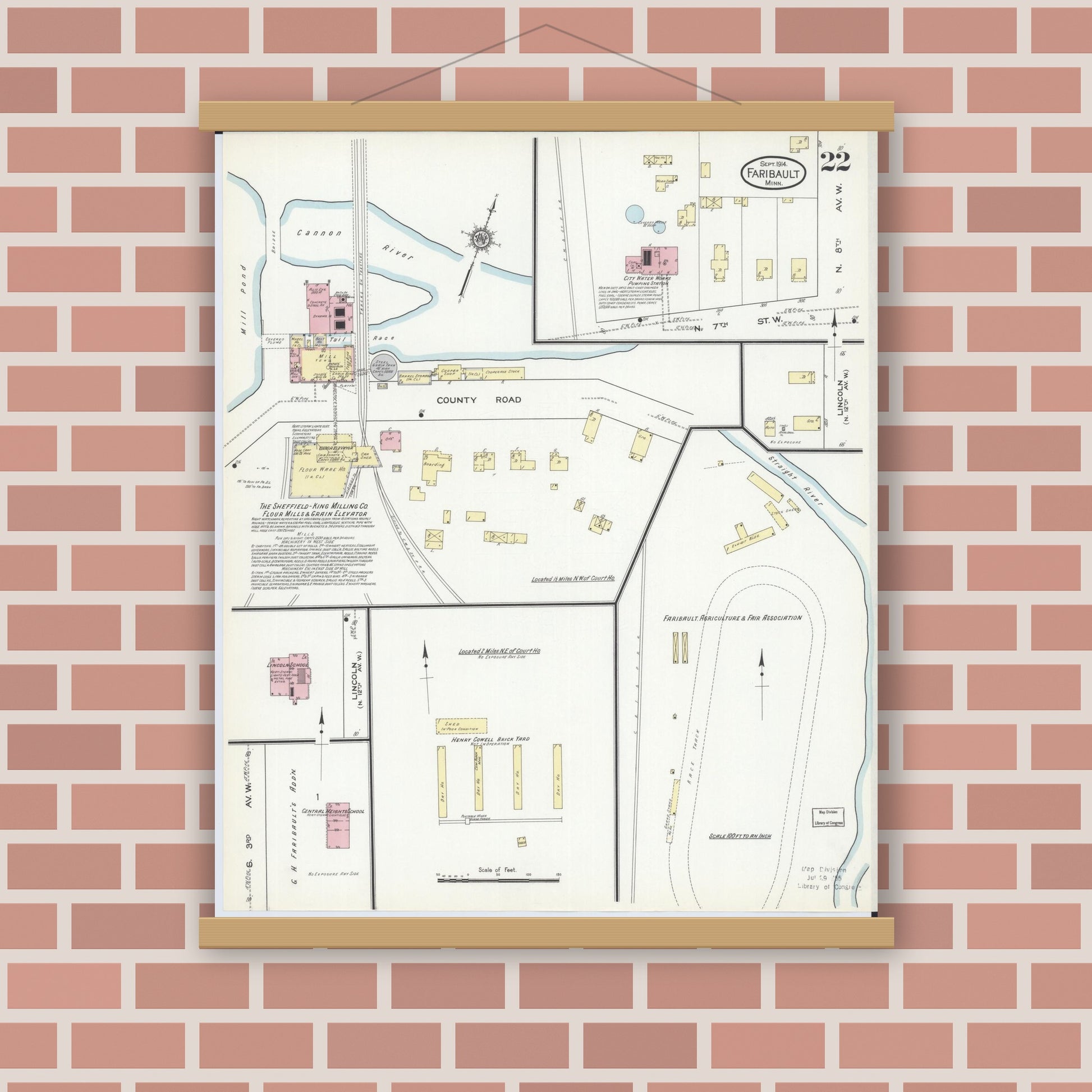 Old map wall art mockup — magnetic wood frame on brick wall — Sanborn Fire Insurance Map from Faribault, Rice County, Minnesota (1914), Sheet #0022