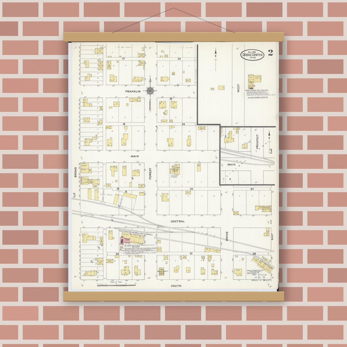 Old map wall art mockup — magnetic wood frame on brick wall — Sanborn Fire Insurance Map from Dodge Center, Dodge County, Minnesota (1910), Sheet #0002