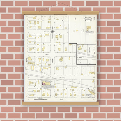 Old map wall art mockup — magnetic wood frame on brick wall — Sanborn Fire Insurance Map from Dodge Center, Dodge County, Minnesota (1910), Sheet #0002