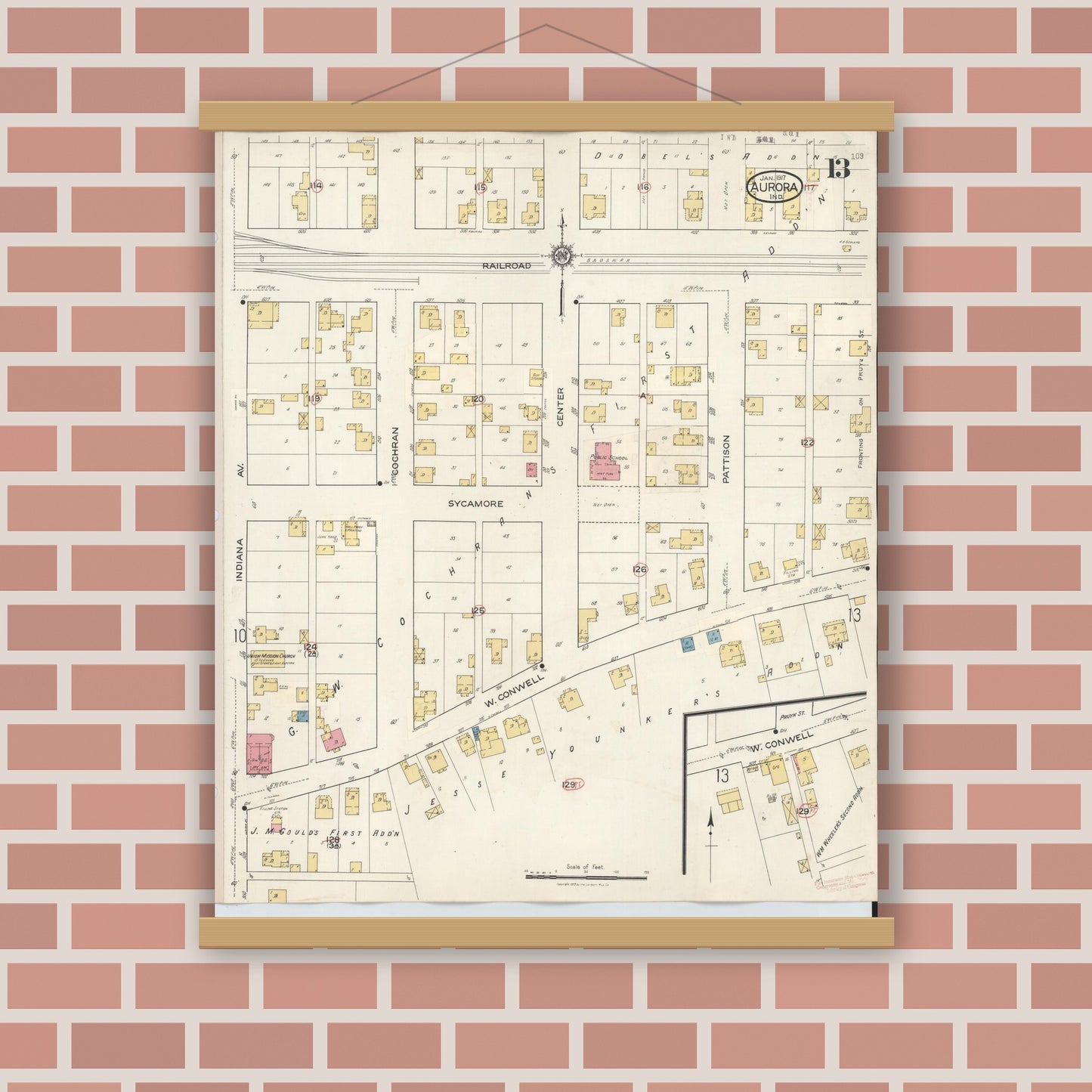 Old map wall art mockup — magnetic wood frame on brick wall — Sanborn Fire Insurance Map from Aurora, Dearborn County, Indiana (1935), Sheet #0013