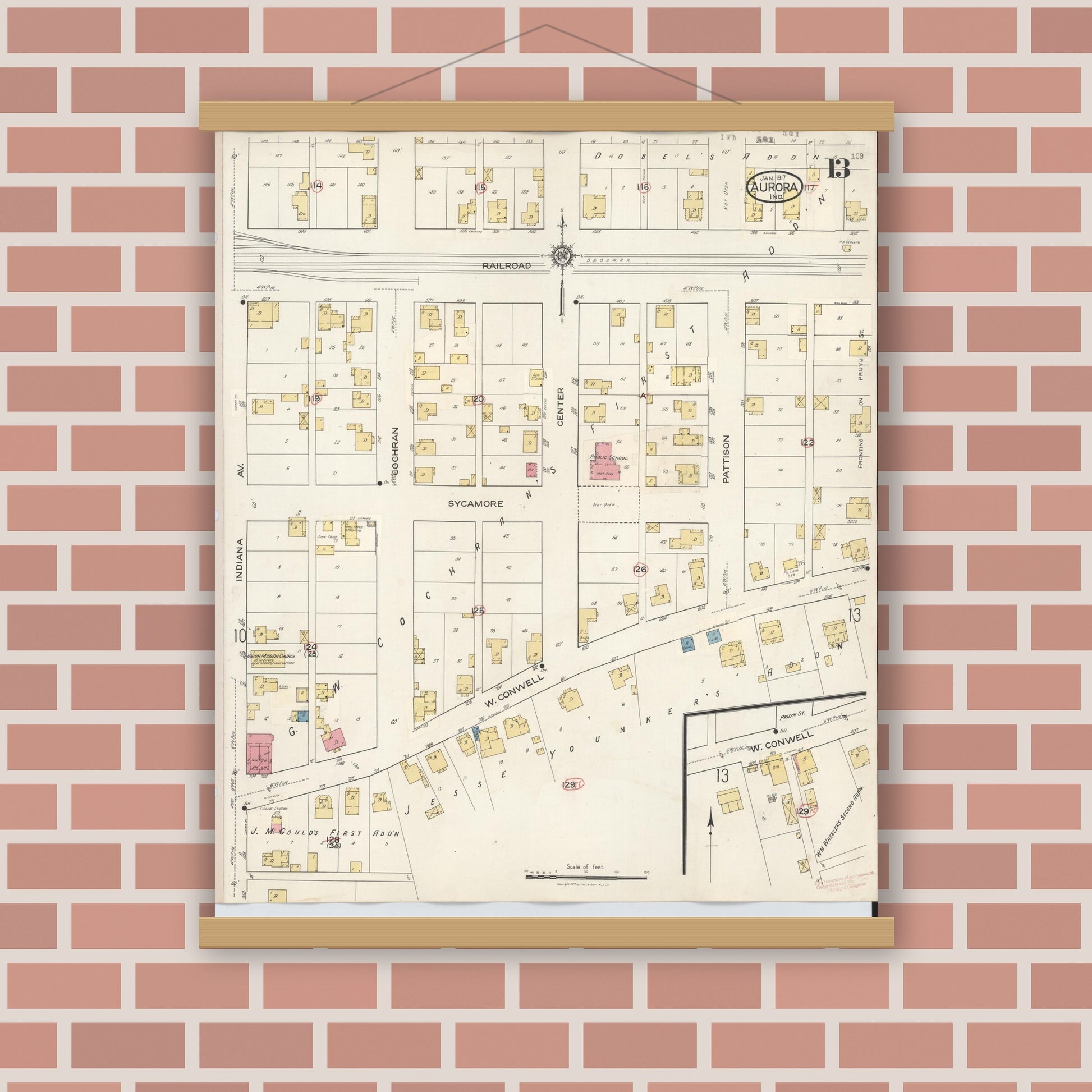Old map wall art mockup — magnetic wood frame on brick wall — Sanborn Fire Insurance Map from Aurora, Dearborn County, Indiana (1935), Sheet #0013