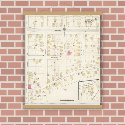 Old map wall art mockup — magnetic wood frame on brick wall — Sanborn Fire Insurance Map from Aurora, Dearborn County, Indiana (1935), Sheet #0013