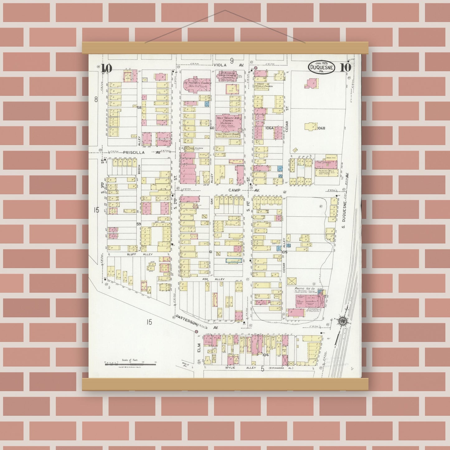 Old map wall art mockup — magnetic wood frame on brick wall — Sanborn Fire Insurance Map from Duquesne, Allegheny County, Pennsylvania (1925), Sheet #0010