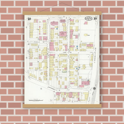 Old map wall art mockup — magnetic wood frame on brick wall — Sanborn Fire Insurance Map from Duquesne, Allegheny County, Pennsylvania (1925), Sheet #0010