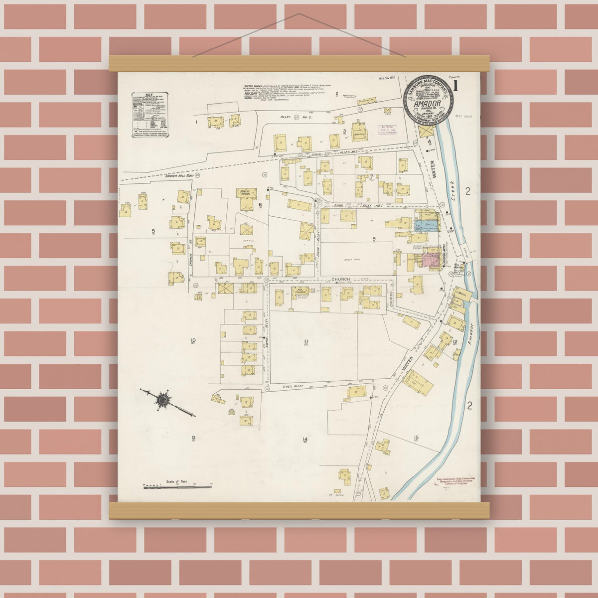 Old map wall art mockup — magnetic wood frame on brick wall — Sanborn Fire Insurance Map from Amador, Amador County, California (1912), Sheet #0001