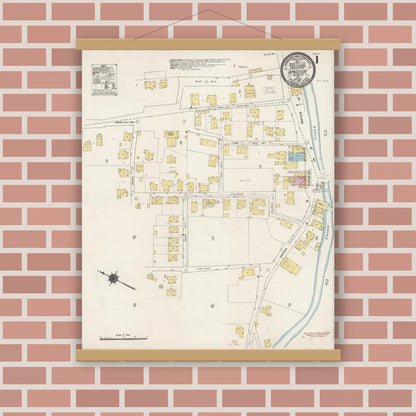 Old map wall art mockup — magnetic wood frame on brick wall — Sanborn Fire Insurance Map from Amador, Amador County, California (1912), Sheet #0001