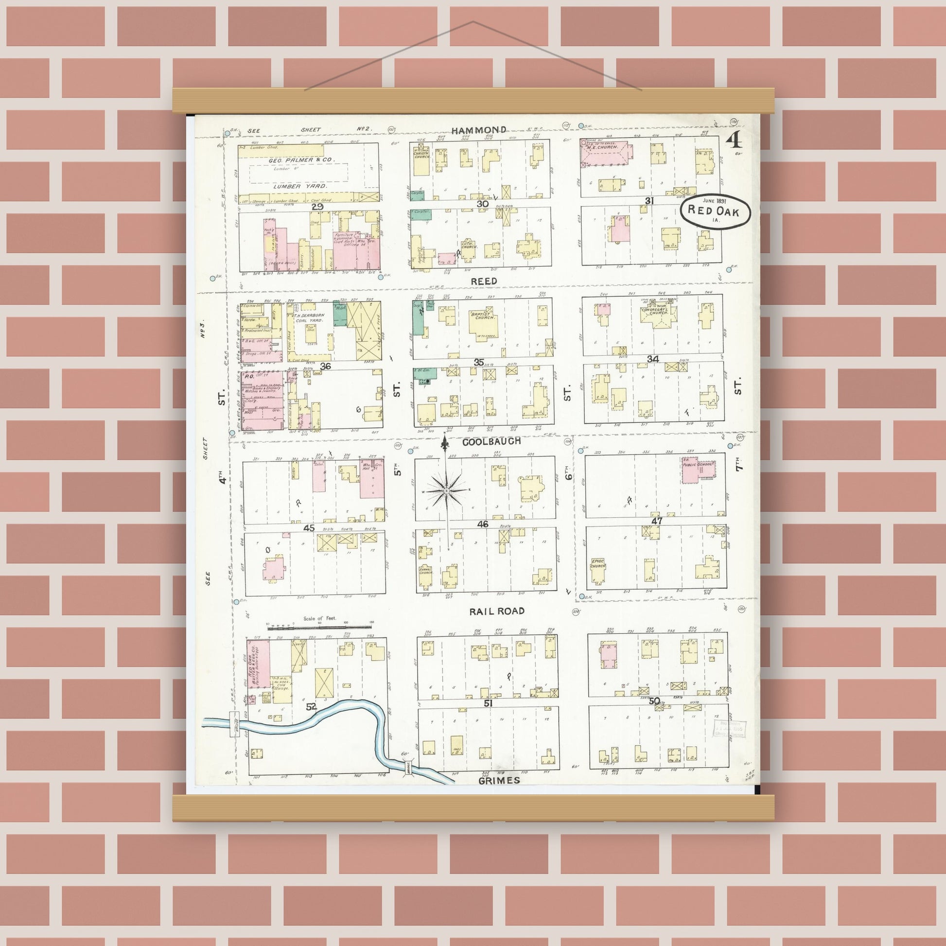 Old map wall art mockup — magnetic wood frame on brick wall — Sanborn Fire Insurance Map from Red Oak, Montgomery County, Iowa (1891), Sheet #0004