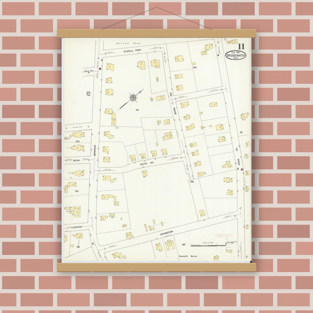 Old map wall art mockup — magnetic wood frame on brick wall — Sanborn Fire Insurance Map from Bridgewater, Plymouth County, Massachusetts (1912), Sheet #0011