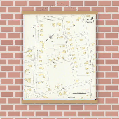 Old map wall art mockup — magnetic wood frame on brick wall — Sanborn Fire Insurance Map from Bridgewater, Plymouth County, Massachusetts (1912), Sheet #0011