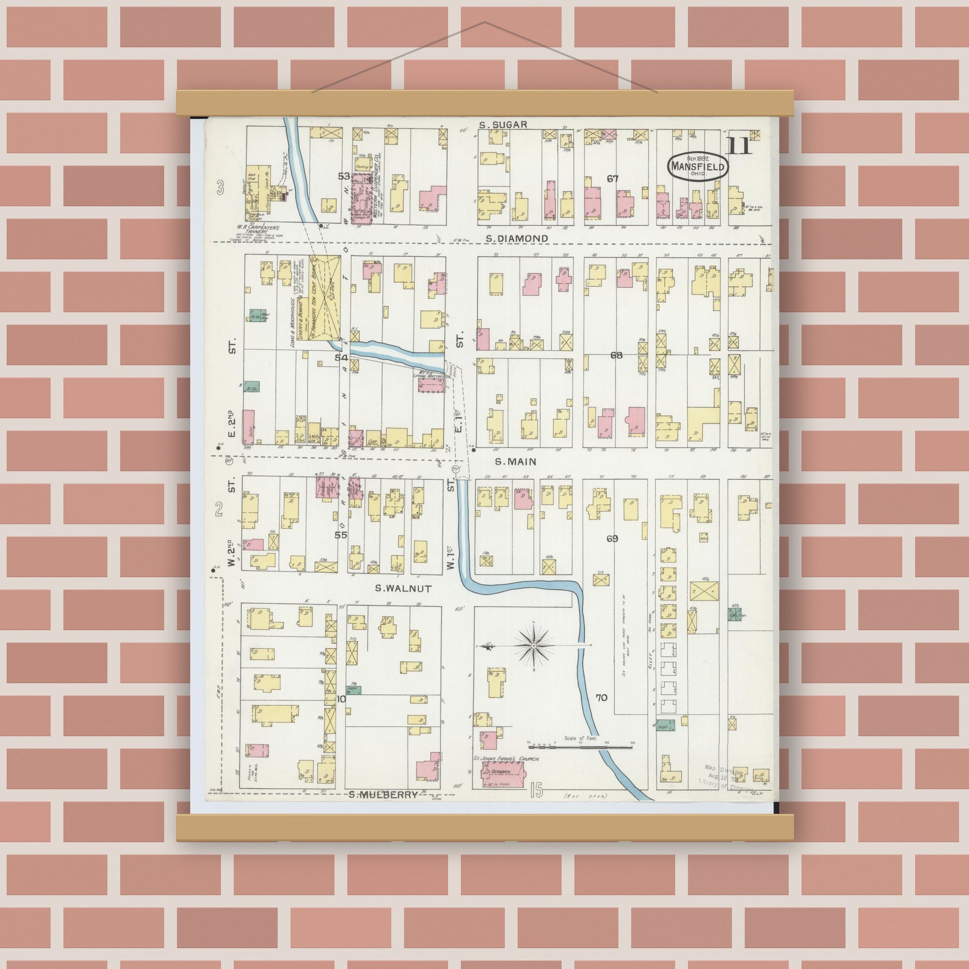 Old map wall art mockup — magnetic wood frame on brick wall — Sanborn Fire Insurance Map from Mansfield, Richland County, Ohio (1892), Sheet #0011