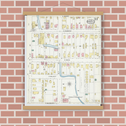 Old map wall art mockup — magnetic wood frame on brick wall — Sanborn Fire Insurance Map from Mansfield, Richland County, Ohio (1892), Sheet #0011