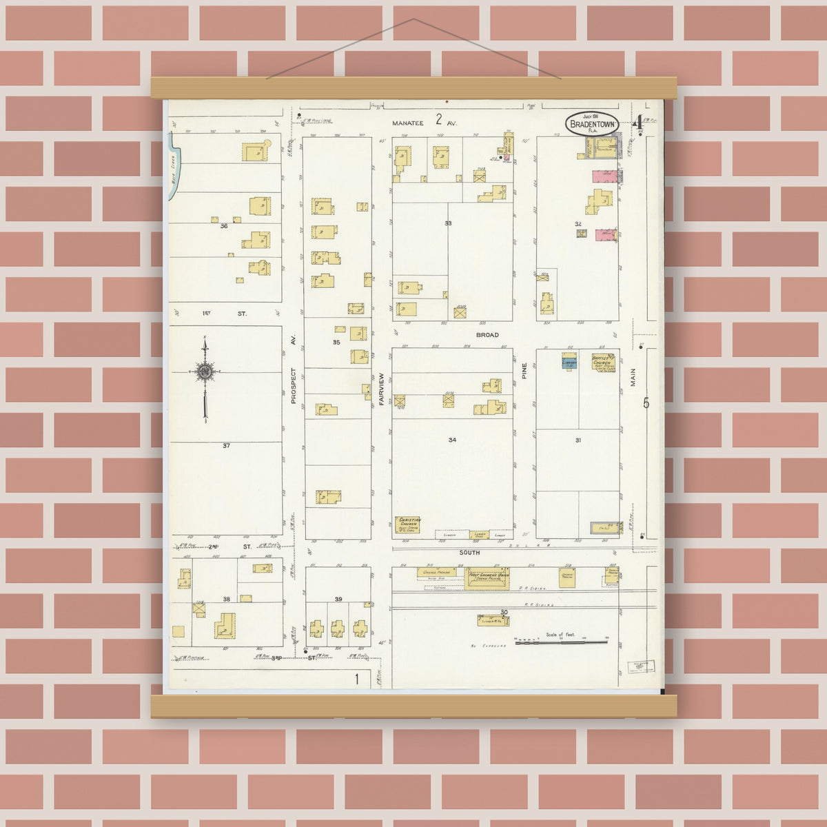 Old map wall art mockup — magnetic wood frame on brick wall — Sanborn Fire Insurance Map from Bradentown, Manatee County, Florida (1911), Sheet #0004