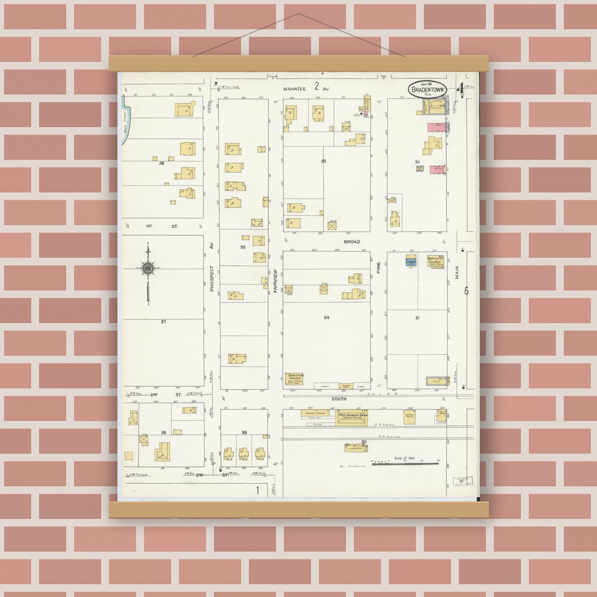 Old map wall art mockup — magnetic wood frame on brick wall — Sanborn Fire Insurance Map from Bradentown, Manatee County, Florida (1911), Sheet #0004
