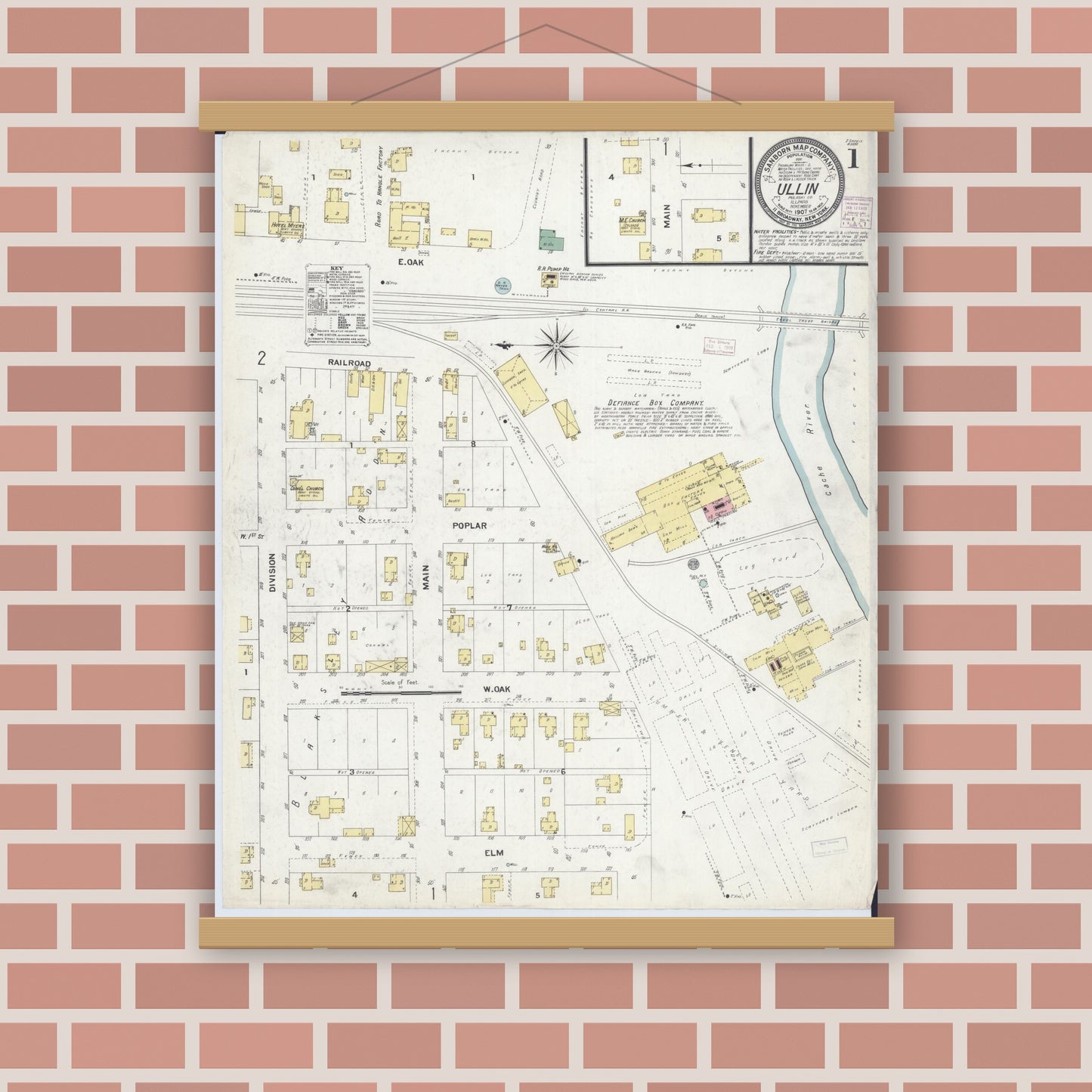 Old map wall art mockup — magnetic wood frame on brick wall — Sanborn Fire Insurance Map from Ullin, Pulaski County, Illinois (1907) - Complete Map Set
