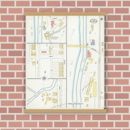 Old map wall art mockup — magnetic wood frame on brick wall — Sanborn Fire Insurance Map from Alliance, Northampton County, Pennsylvania (1904), Sheet #0009