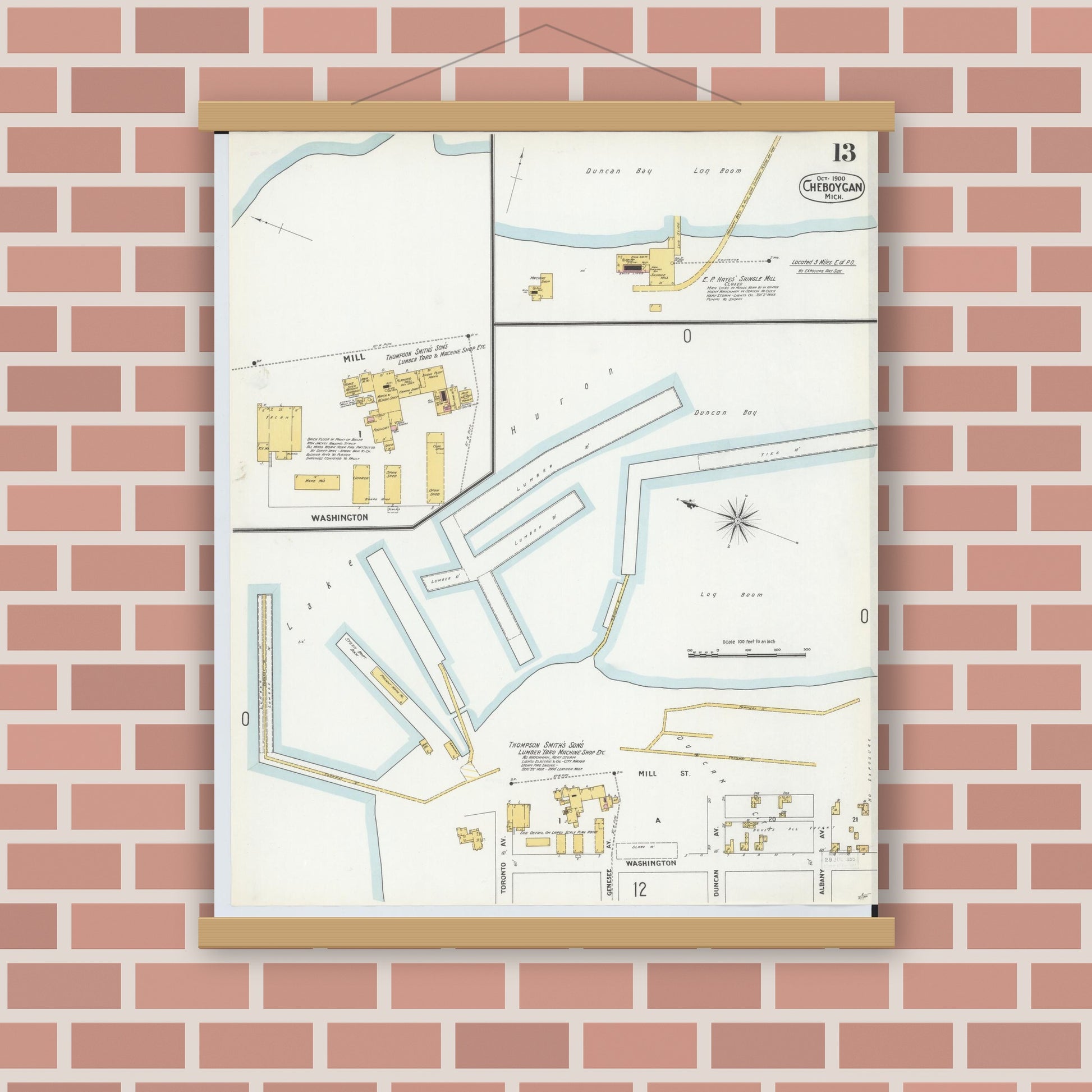 Old map wall art mockup — magnetic wood frame on brick wall — Sanborn Fire Insurance Map from Cheboygan, Cheboygan County, Michigan (1900), Sheet #0013