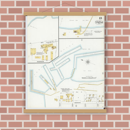 Old map wall art mockup — magnetic wood frame on brick wall — Sanborn Fire Insurance Map from Cheboygan, Cheboygan County, Michigan (1900), Sheet #0013