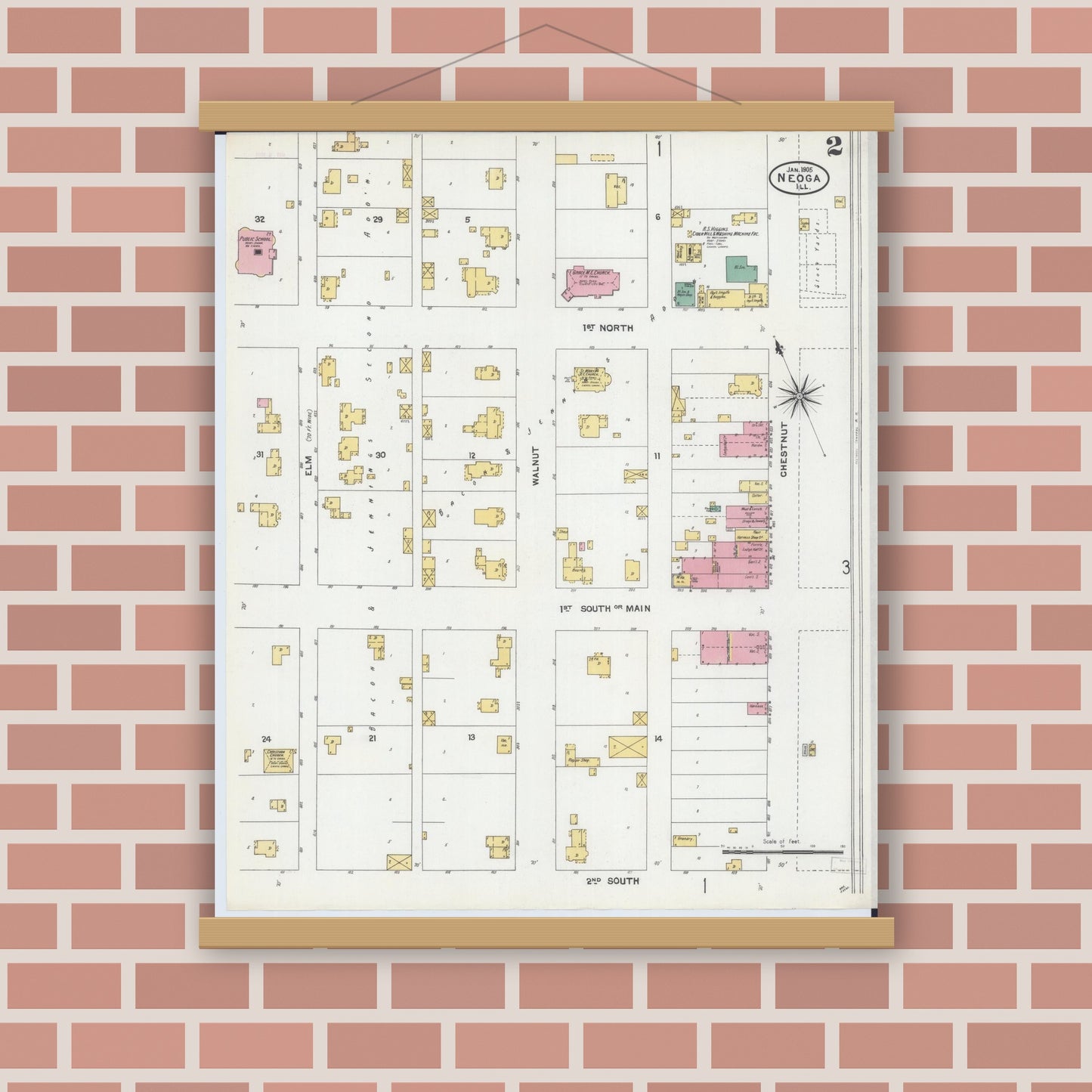 Old map wall art mockup — magnetic wood frame on brick wall — Sanborn Fire Insurance Map from Neoga, Cumberland County, Illinois (1905), Sheet #0002