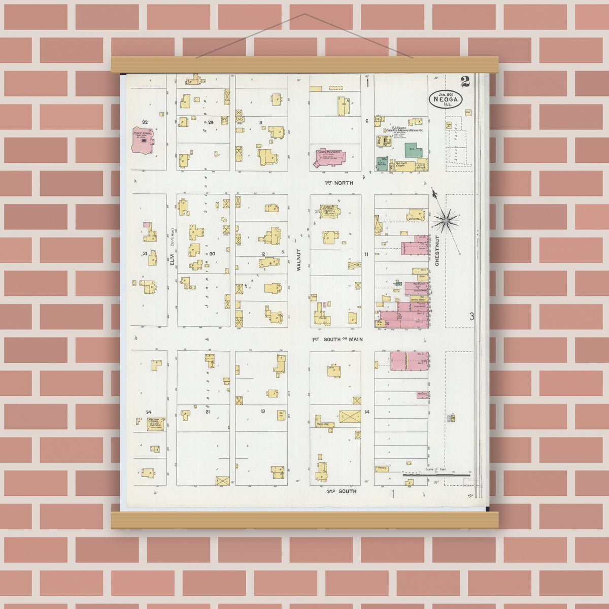 Old map wall art mockup — magnetic wood frame on brick wall — Sanborn Fire Insurance Map from Neoga, Cumberland County, Illinois (1905), Sheet #0002