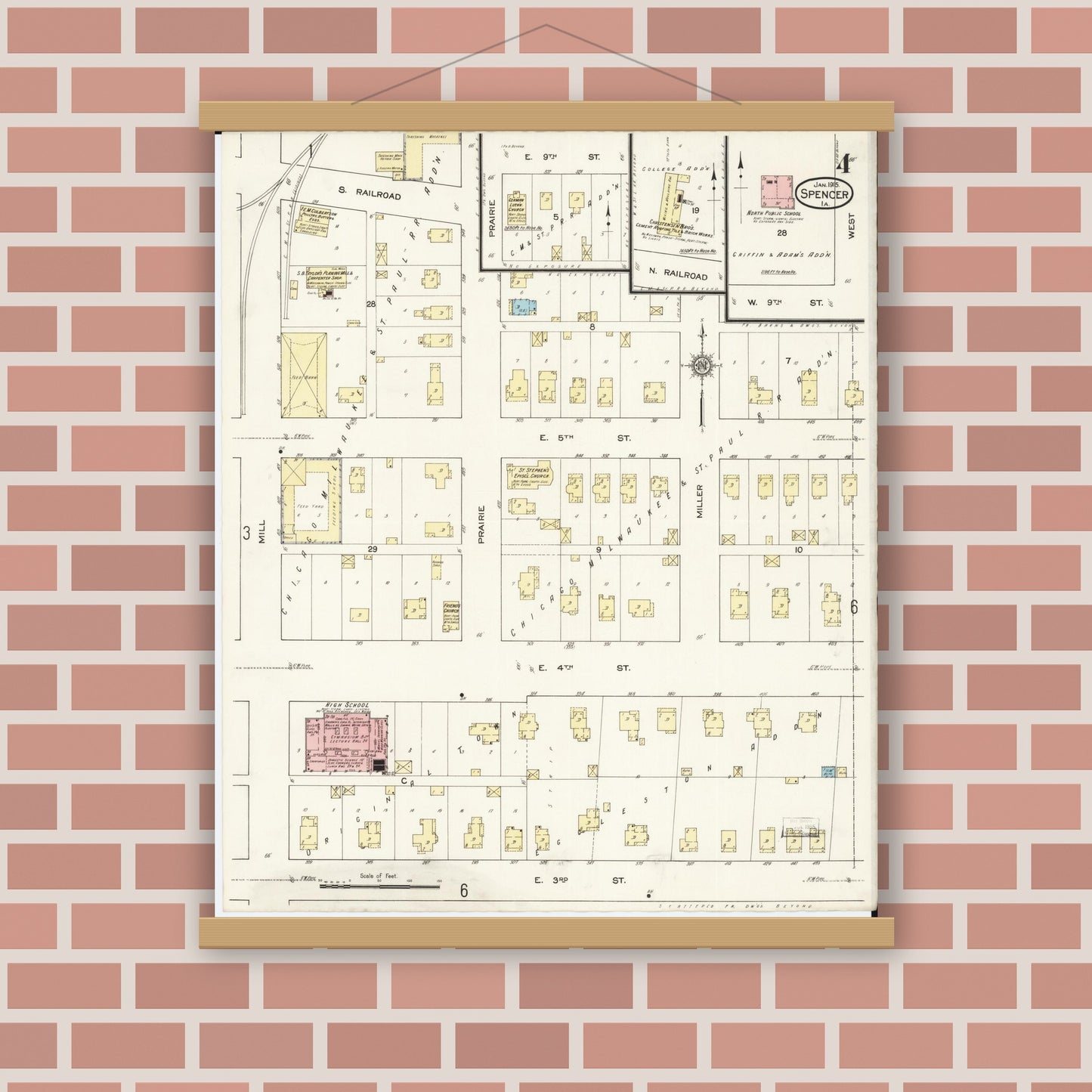 Old map wall art mockup — magnetic wood frame on brick wall — Sanborn Fire Insurance Map from Spencer, Clay County, Iowa (1915), Sheet #0004