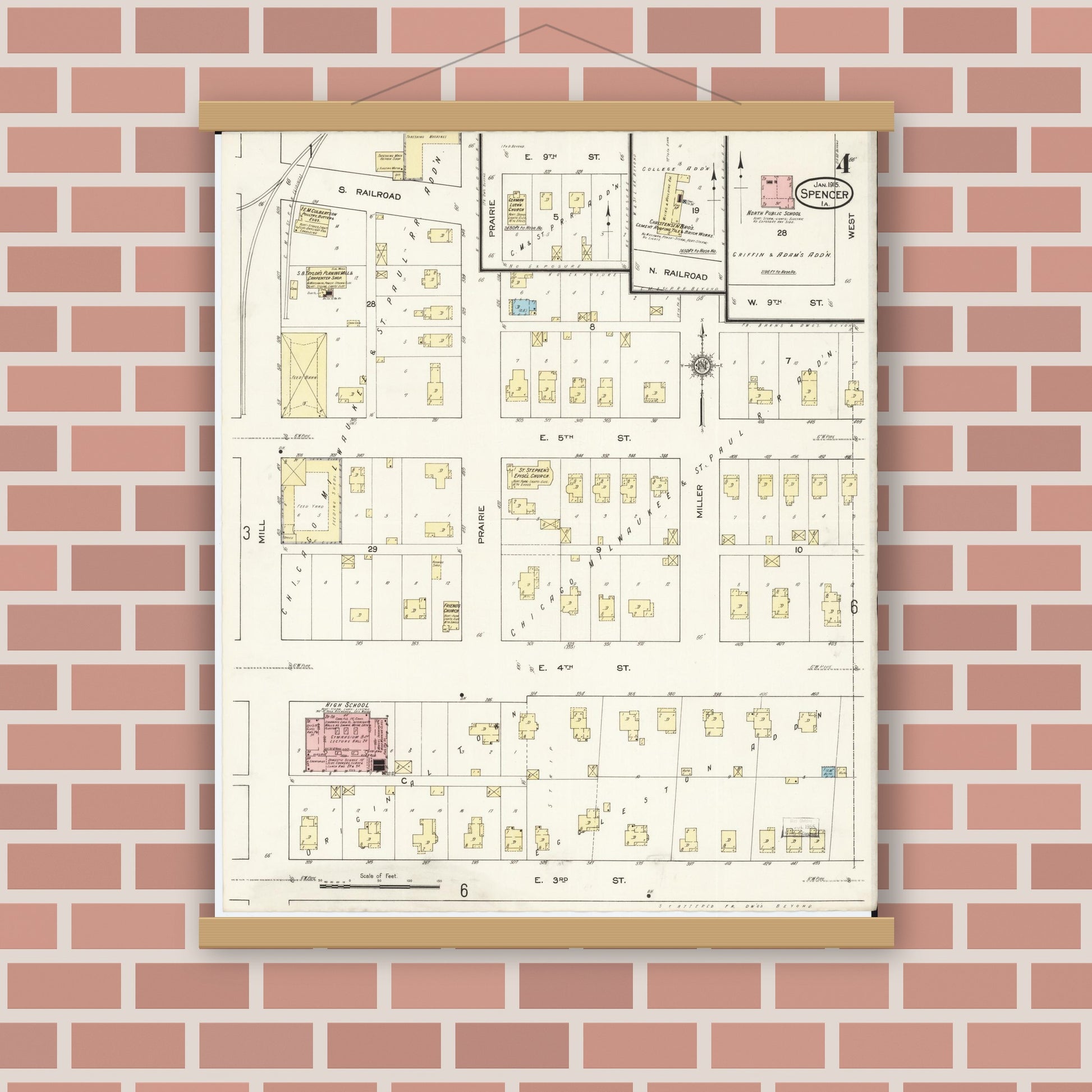 Old map wall art mockup — magnetic wood frame on brick wall — Sanborn Fire Insurance Map from Spencer, Clay County, Iowa (1915), Sheet #0004