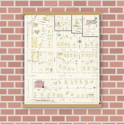 Old map wall art mockup — magnetic wood frame on brick wall — Sanborn Fire Insurance Map from Spencer, Clay County, Iowa (1915), Sheet #0004