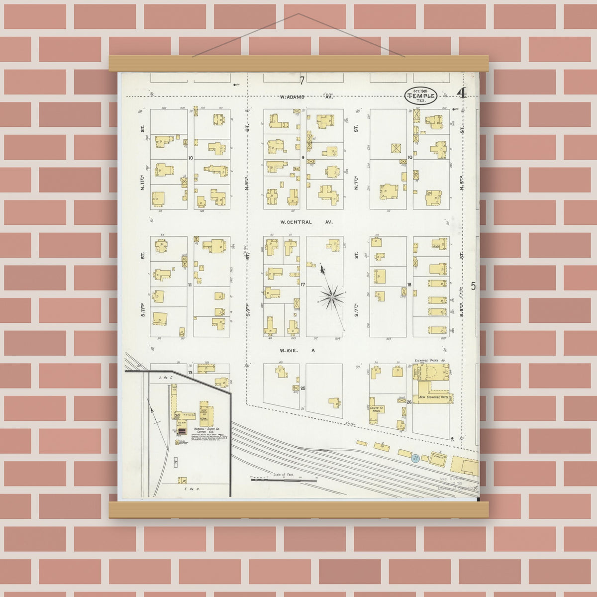 Old map wall art mockup — magnetic wood frame on brick wall — Sanborn Fire Insurance Map from Temple, Bell County, Texas (1905), Sheet #0004