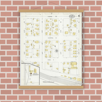 Old map wall art mockup — magnetic wood frame on brick wall — Sanborn Fire Insurance Map from Temple, Bell County, Texas (1905), Sheet #0004