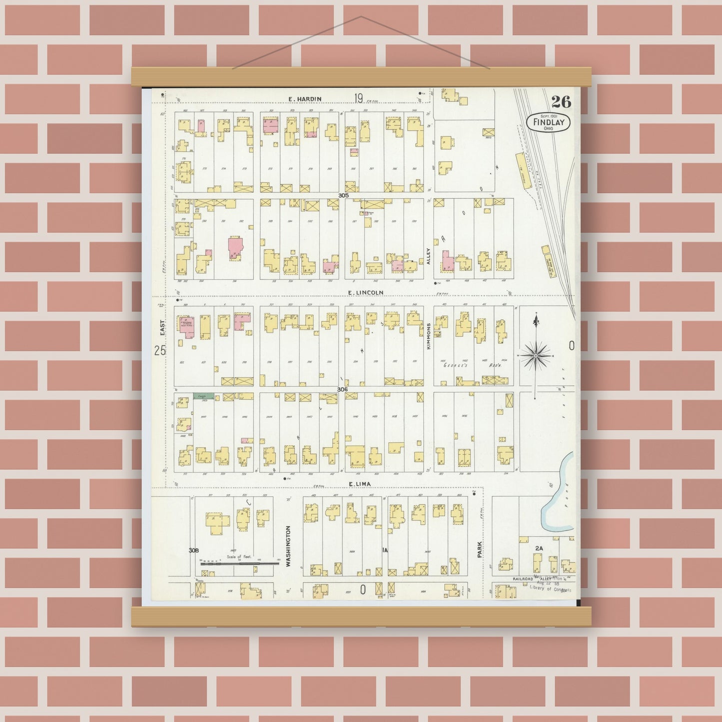 Old map wall art mockup — magnetic wood frame on brick wall — Sanborn Fire Insurance Map from Findlay, Hancock County, Ohio (1901), Sheet #0026