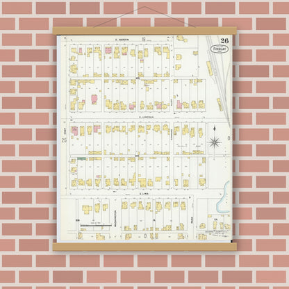 Old map wall art mockup — magnetic wood frame on brick wall — Sanborn Fire Insurance Map from Findlay, Hancock County, Ohio (1901), Sheet #0026