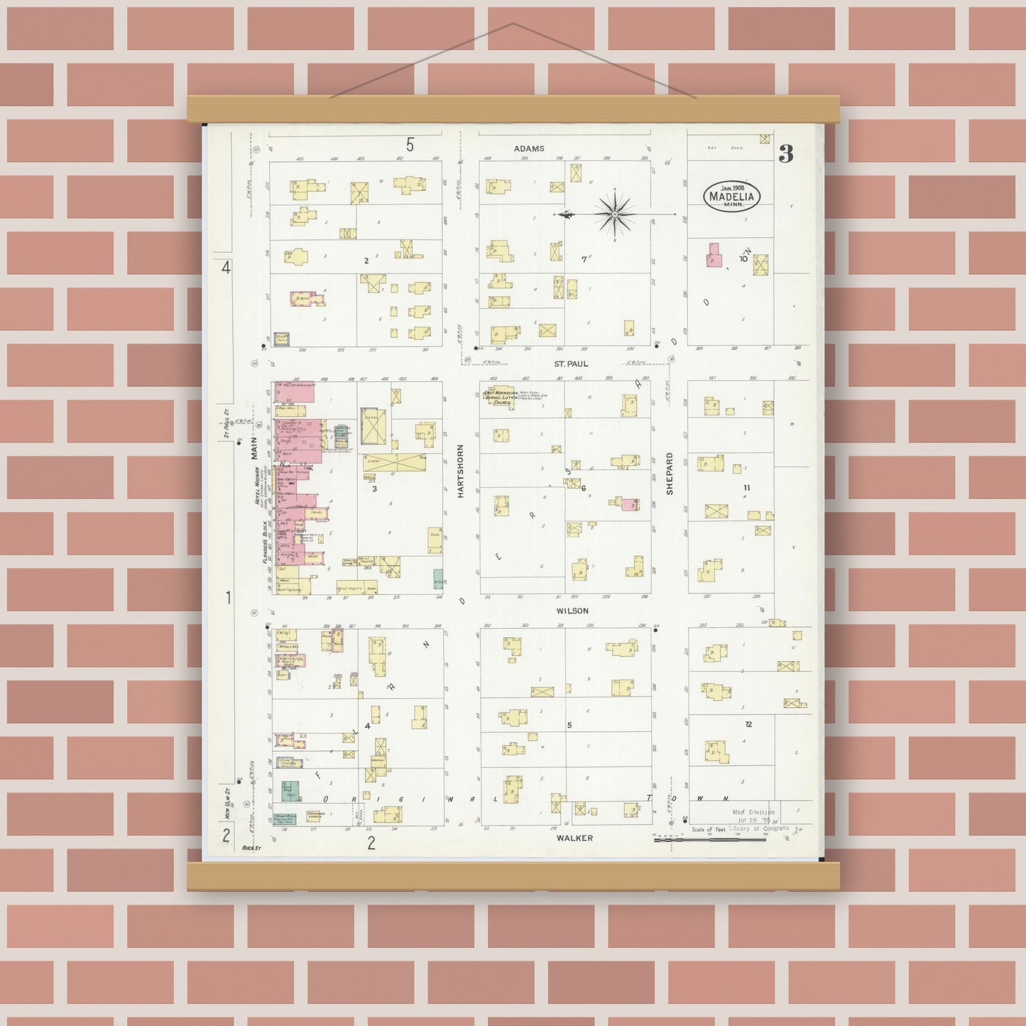 Old map wall art mockup — magnetic wood frame on brick wall — Sanborn Fire Insurance Map from Madelia, Watonwan County, Minnesota (1908), Sheet #0003