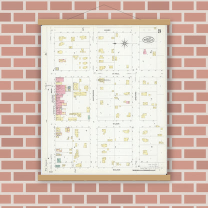 Old map wall art mockup — magnetic wood frame on brick wall — Sanborn Fire Insurance Map from Madelia, Watonwan County, Minnesota (1908), Sheet #0003