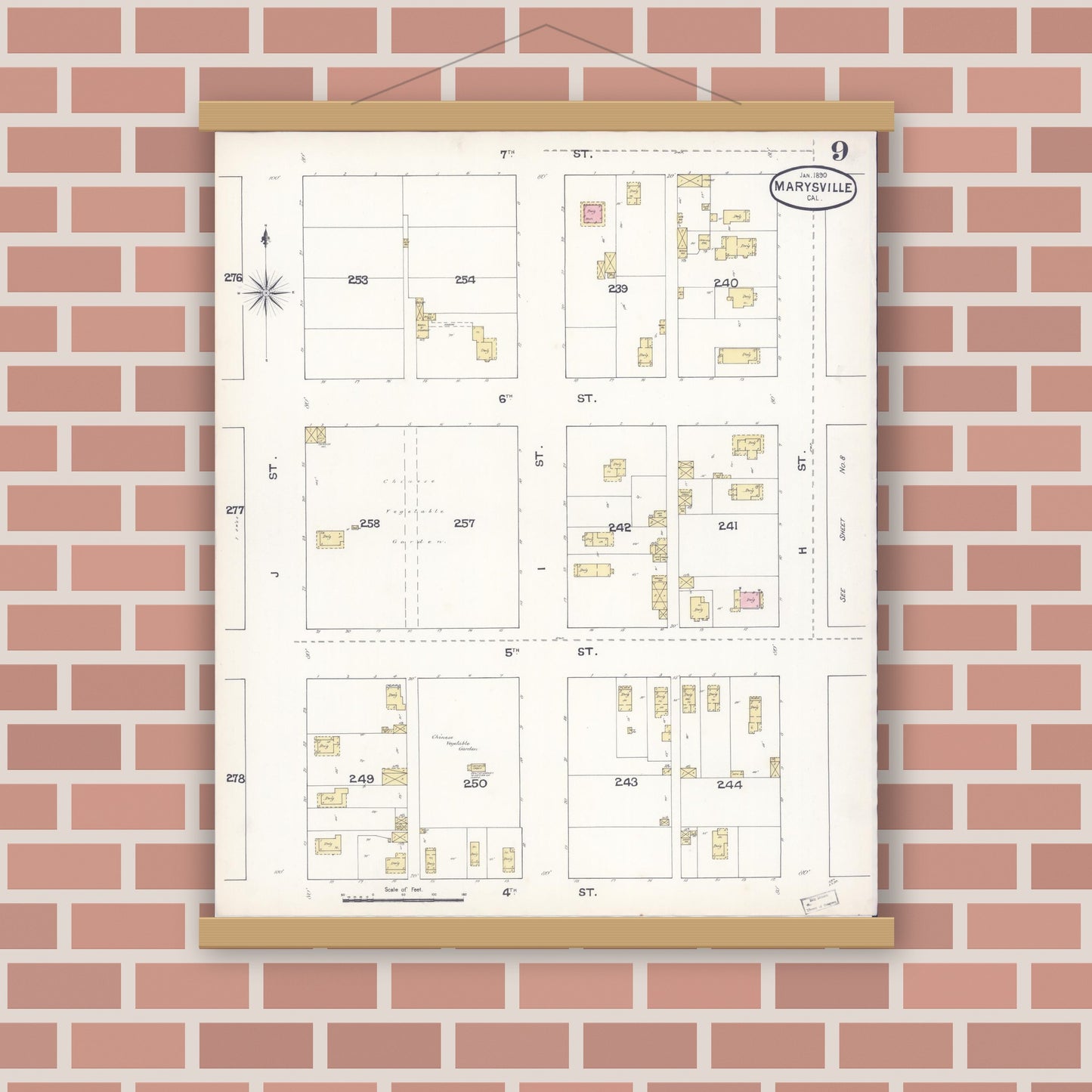 Old map wall art mockup — magnetic wood frame on brick wall — Sanborn Fire Insurance Map from Marysville, Yuba County, California (1890), Sheet #0009