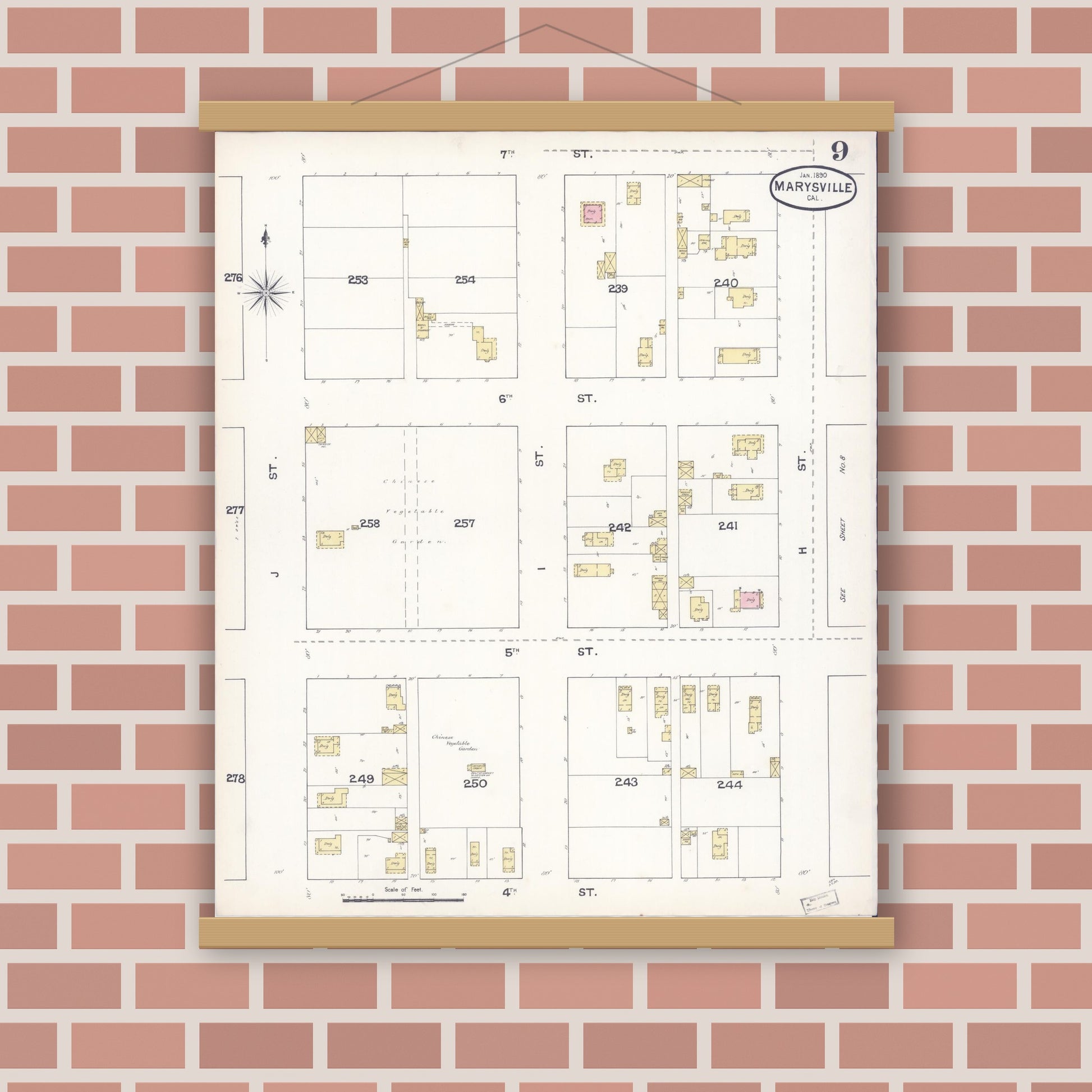 Old map wall art mockup — magnetic wood frame on brick wall — Sanborn Fire Insurance Map from Marysville, Yuba County, California (1890), Sheet #0009