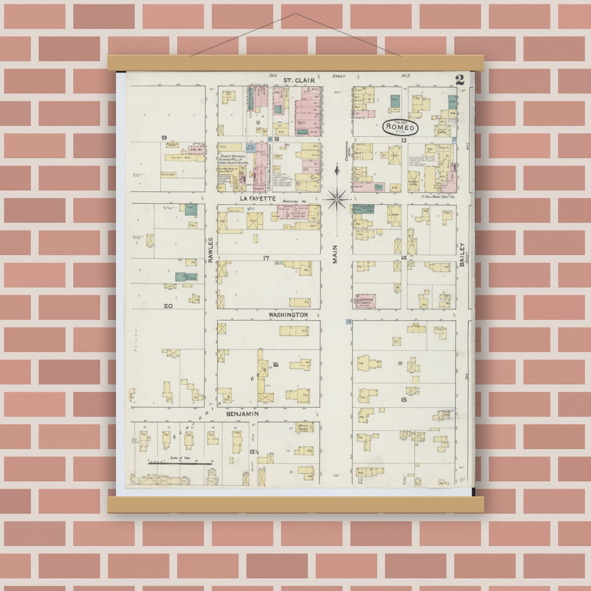 Old map wall art mockup — magnetic wood frame on brick wall — Sanborn Fire Insurance Map from Romeo, Macomb County, Michigan (1890), Sheet #0002
